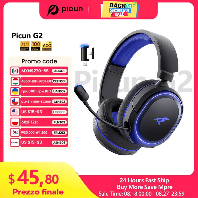 Picun G2 Wireless Gaming Headset Bluetooth 5.3 2.4G Headphones 7.1 Surround 5ms Low Latency ENC Mic for PC PS4 PS5 Phone Switch