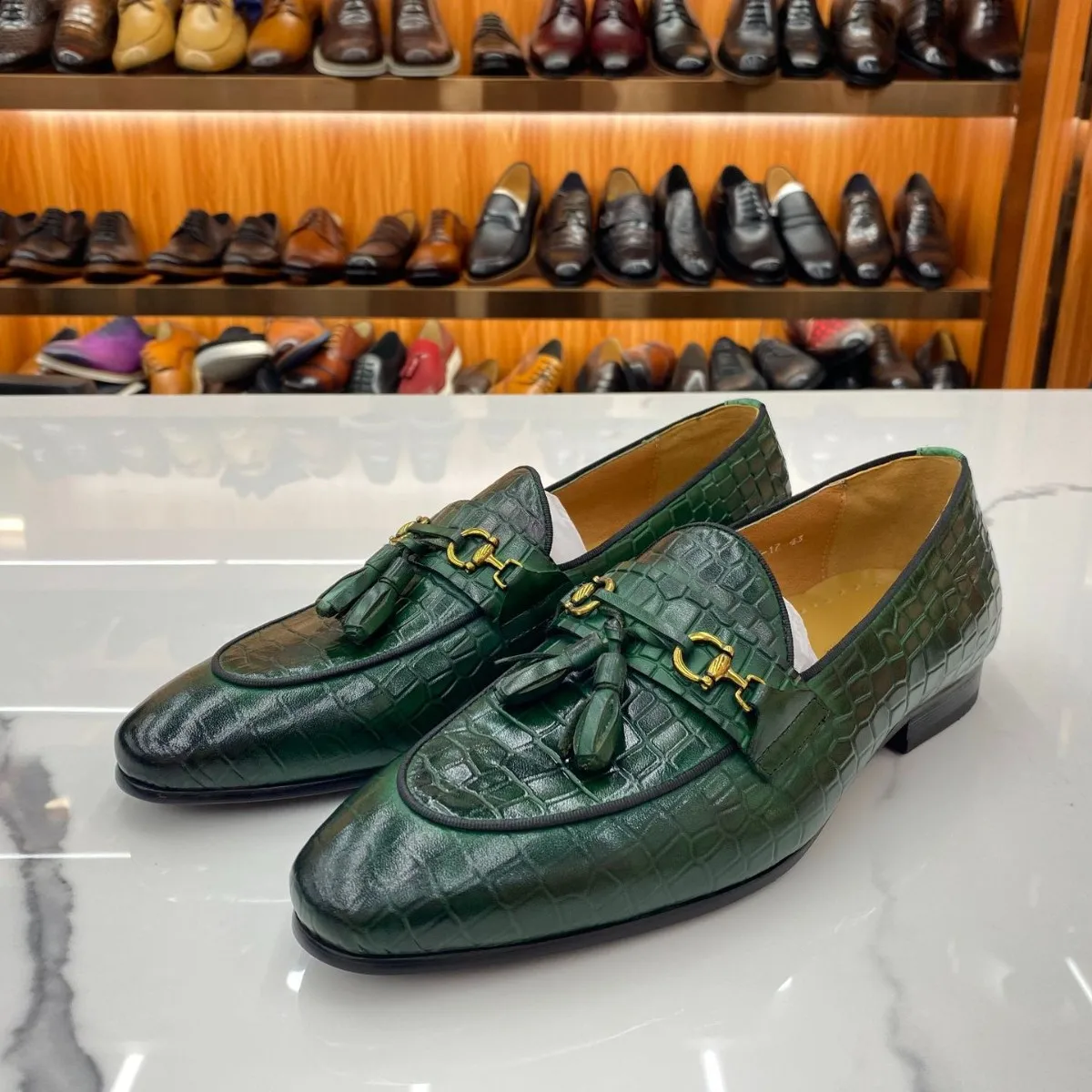Men's Faux Leather Horsebit Loafers Glossy Croc Embossed Camo Pattern Tassel Detail Slip On Dress Shoes for Events Street Style view 4