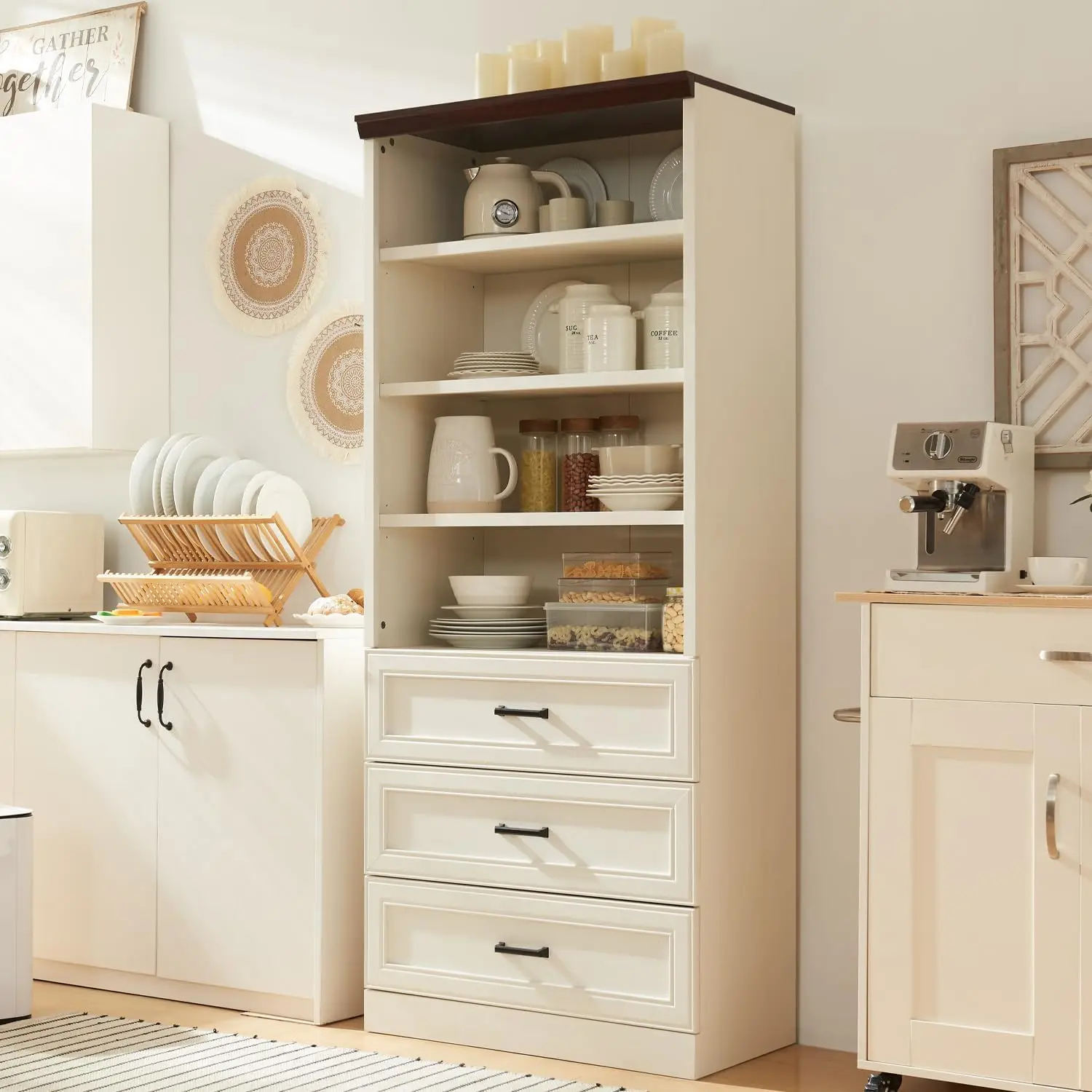 

Farmhouse Kitchen Pantry with 3 Large Drawers & Adjustable Shelves for Kitchen, Dining Room, Bathroom