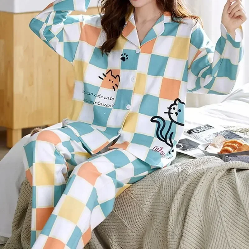 Spring Autumn Knttted Cotton Women\'s Pajamas Sets Turn-down Collar Homesuits Cartoon Sleepwear Girls Homewear Chic Woman Pijamas