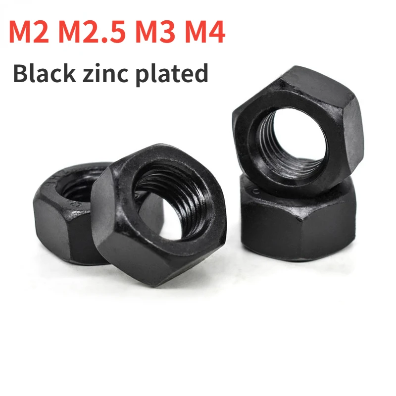 Tuercas hexagonales M2 M2.5 M3 M4, tuercas hexagonales métricas de acero al carbono, óxido Chapado en Zinc negro