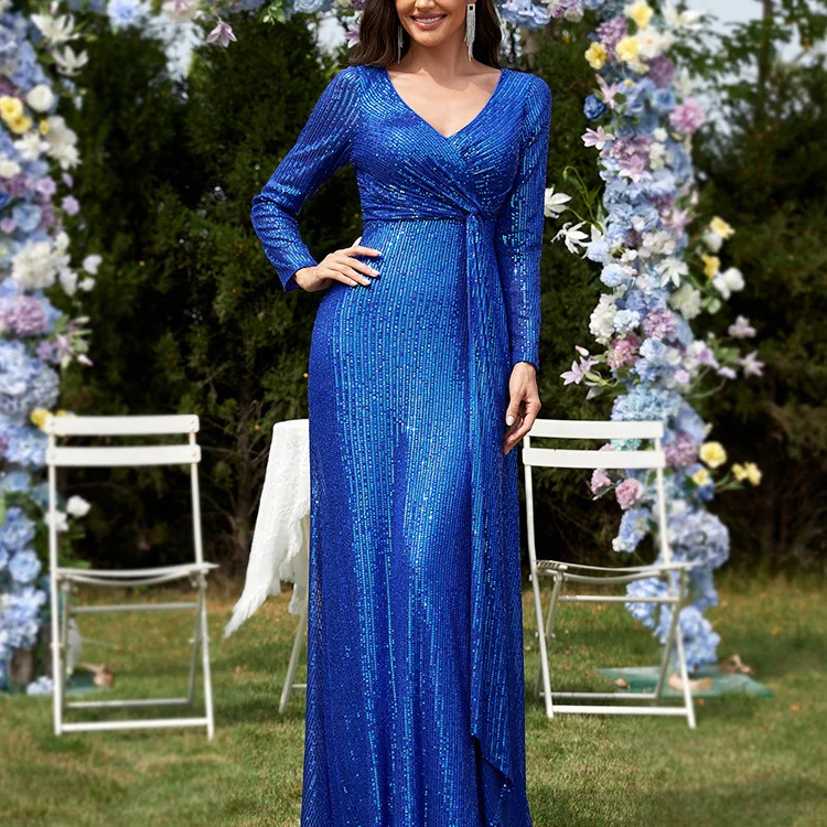 

Ladies Royal Blue Floor Length Sparkle Long Dress Deep V Long Sleeve All Over Linear Sequins Wrap Tie Waist Draped Front Outfit
