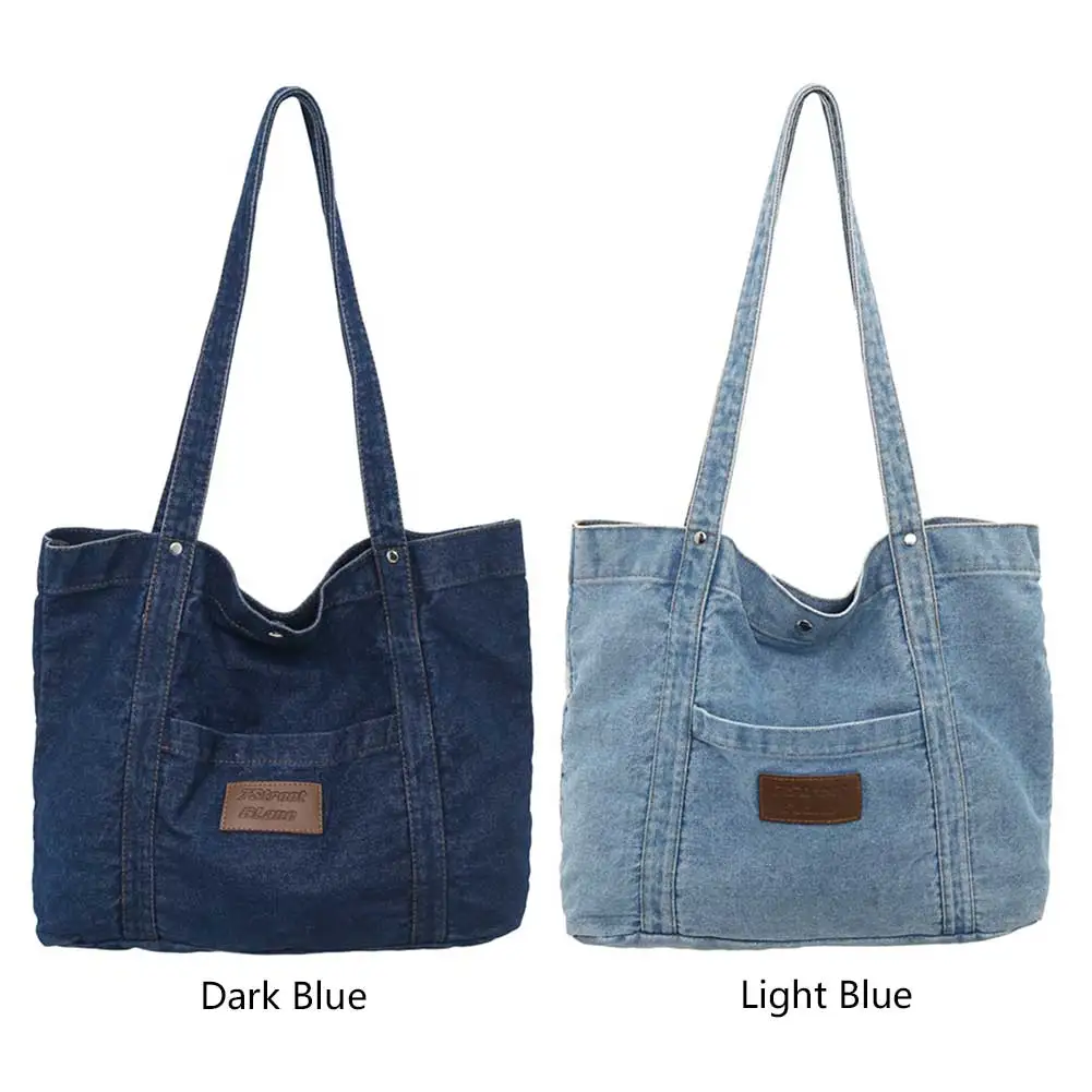 Women Vintage Shoulder Bag Large Capacity Denim Versatile Shopping Bag Solid Color for Travel Work School