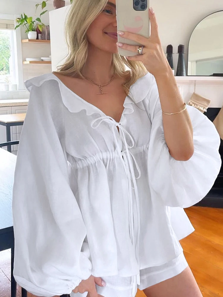 

Cotton Linen Solid Two Piece Sets Women Casual Lace-up V Neck Cardigan & Shorts Outfit Spring Long Sleeve Loose High Street Suit