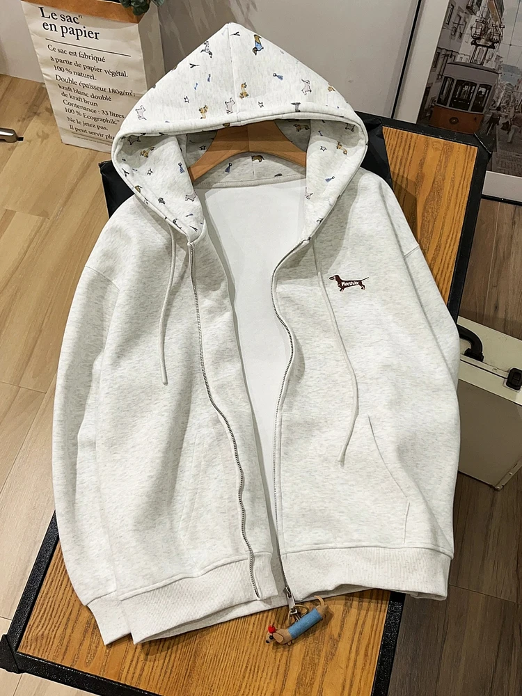 

Korean Chic Embroidered Fce Hoodie Women's Loose Winter Cardigan Zipper Jaet Lazy Versatile Long Sve Cartoon Print