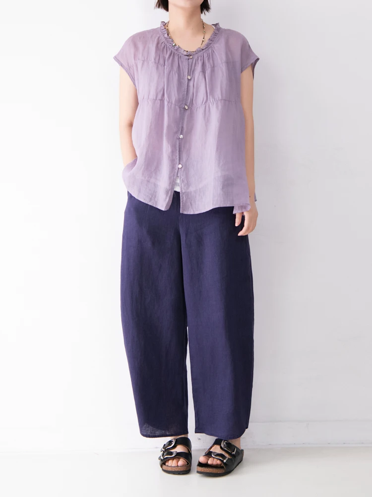 

Полный льняной удобный эластичный пояс с цветочным бутоном, женские утягивающие драпированные брюки с девятью точками, однотонные художественные повседневные брюки