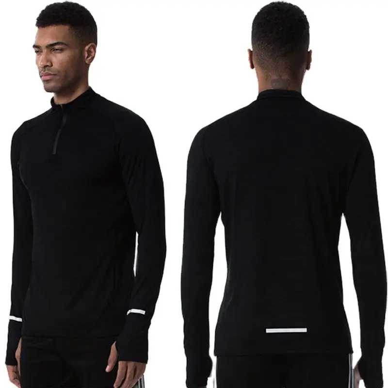 High Quality 1/4 Zipper Men Black Long Sleeve Compression Bodybuilding T Shirts With Reflective Strips Joggging Hiking Shirts