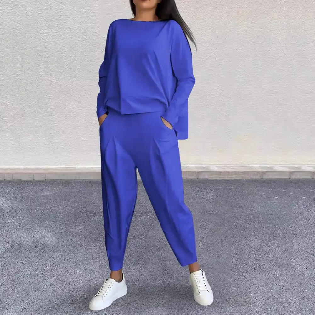 Polyester Spandex Suit Women\'s Solid Color Irregular Sweatshirt Elastic Waist Trousers Set for Wear Sport Outfit Round for Fall