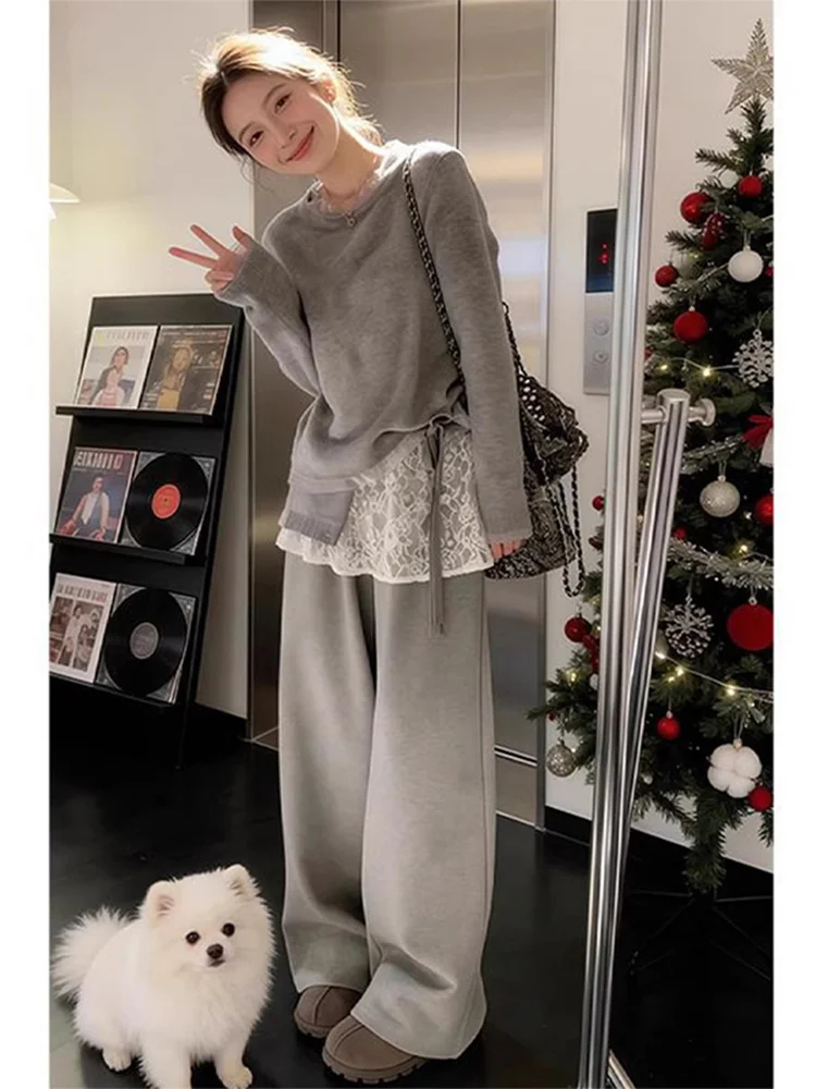 

Комплект: свитшот в корейском стиле и брюки с высокой талией и широкими штанинами. Женский повседневный спортивный костюм для похудения, модный и стильный, для весны и лета.