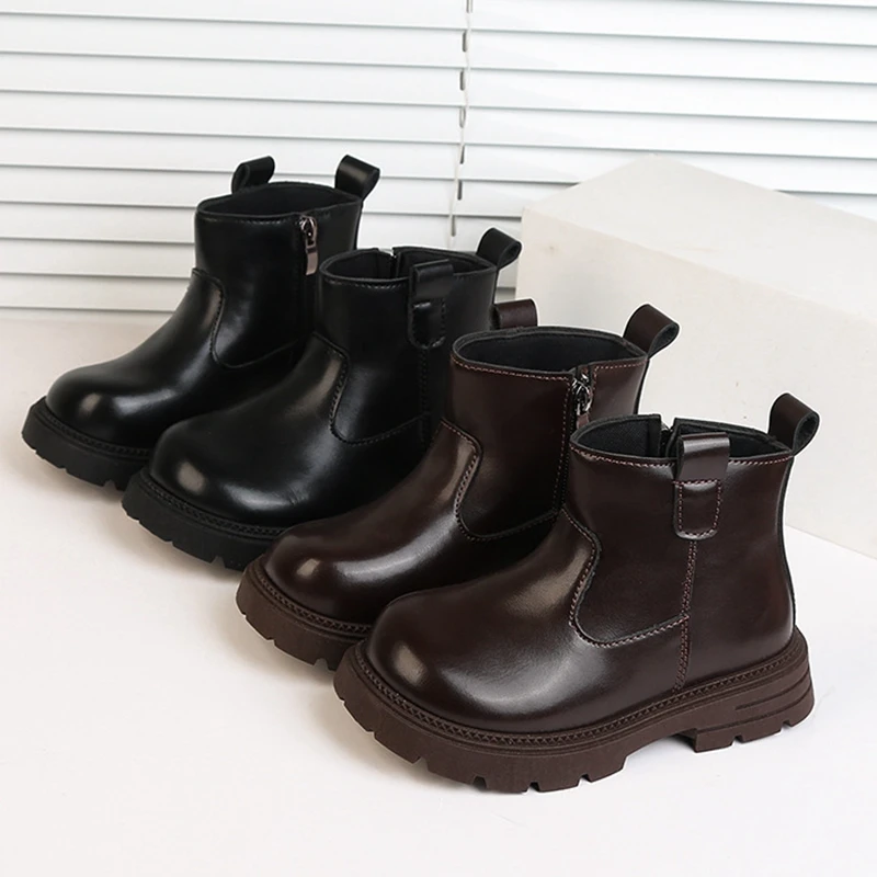 Little Girls Chelsea Ankle Boots Autumn Toddler Kids Side Zipper PU Leather Waterproof Booties Soft Non-Slip Rubber Sole Boots
