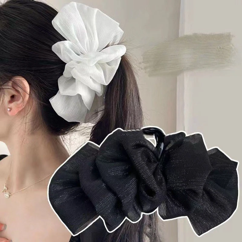 Large Black White Mesh Hair Clip Female Korean Sweet Cloud Pleated Shark Clip Hair Accessories