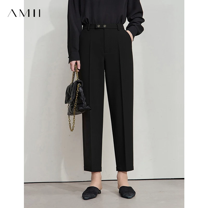 

AMII Woman Pants 2026 Spring Autumn Woman Loose Casual Fashion Simple Nine Point Trousers Black Blended Pleated Pants 12611025