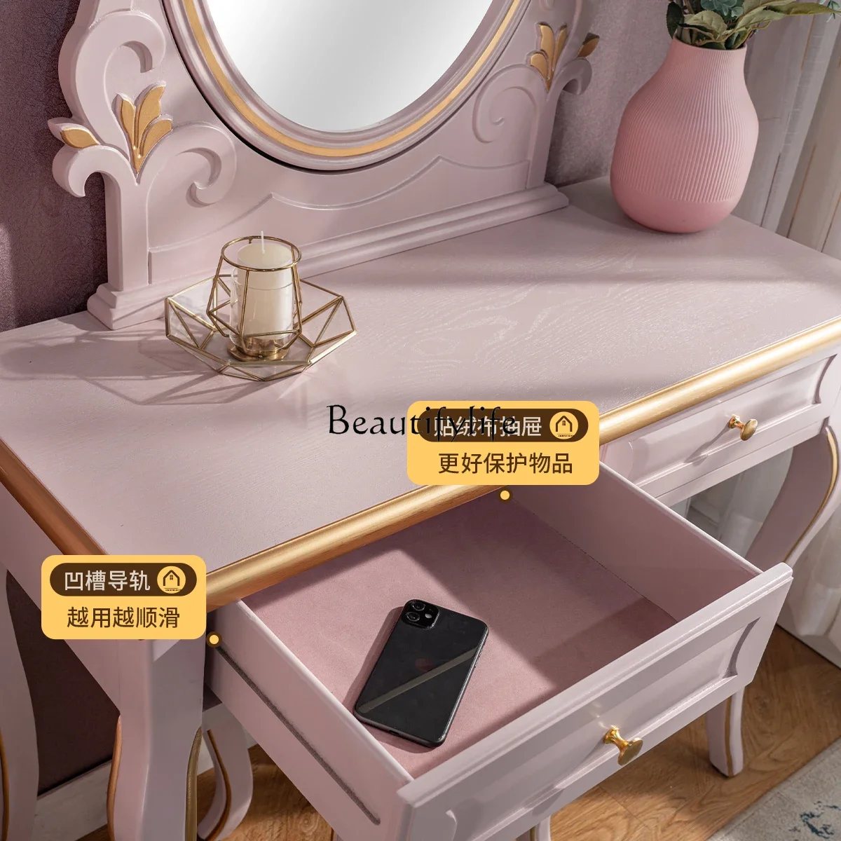 FG11Pink dresser with mirror stool American master bedroom bedside makeup table high value