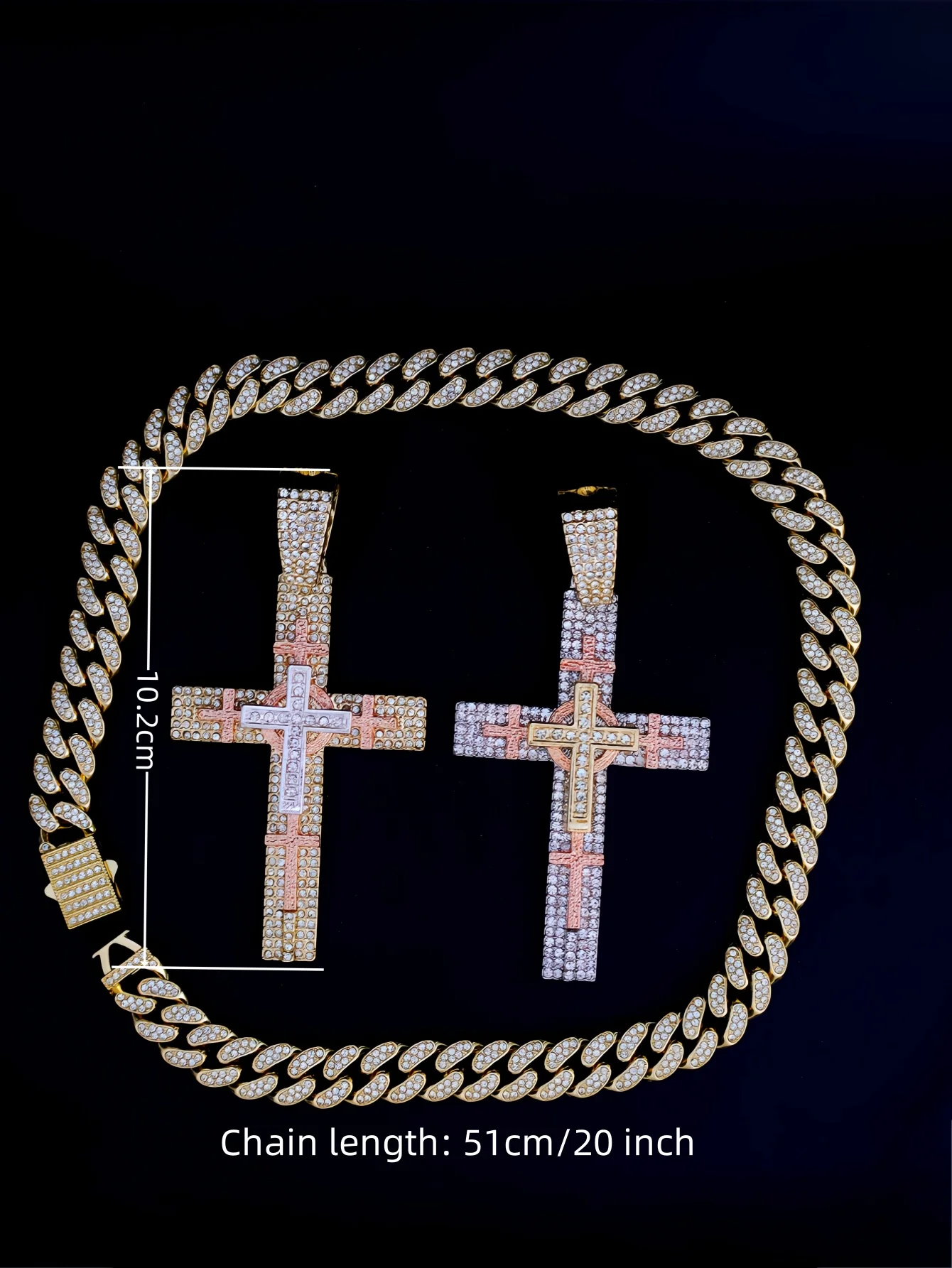 Hip Hop Punk Style 14K Gold Plated Cuban Chain Style Chunky Chain Tri-Color Cross Necklace