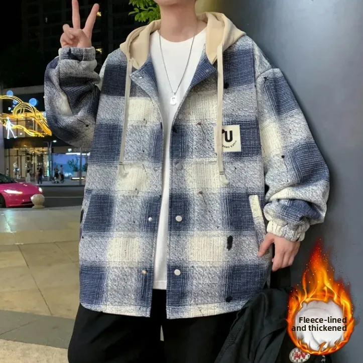 

Thiened Plaid Hooded Jaet for Men Youthful Sli Autumn Winter Workwear Fce Lined Jaet Cool Coat for Teens And Big...