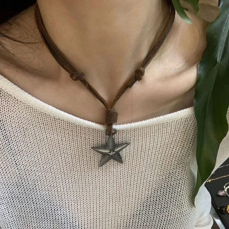 2024 Y2k Adjustable Leather Rope Pendant Necklace for Women Vintage Ethnic Style Boho Necklace Harajuku Jewelry Accessories