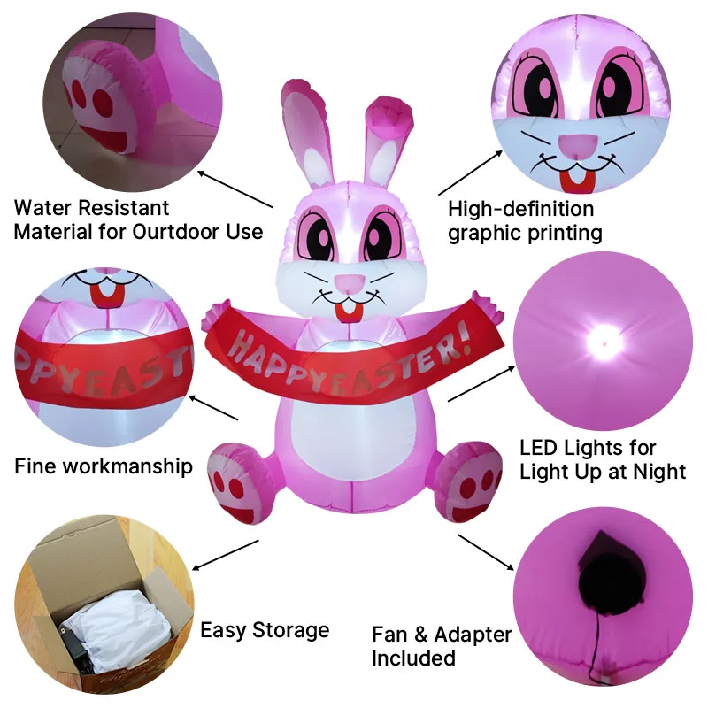 Wesołych Świąt Wielkanocnych! Nadmuchiwane zabawki 1,5 m / 5 stóp Różowy Królik Baner Dekoracyjny z Wbudowanym Oświetleniem LED Model Ozdoba na Zewnątrz do Ogrodu na Imprezę