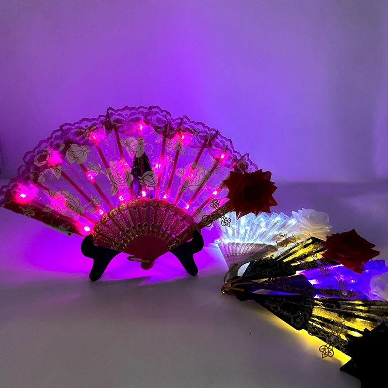 9 inches Glowing Rose Lace Fan Anime Show Gothic Retro Flower Lolita Cosplay Accessories LED Black Rose Folding Fan Led Fans