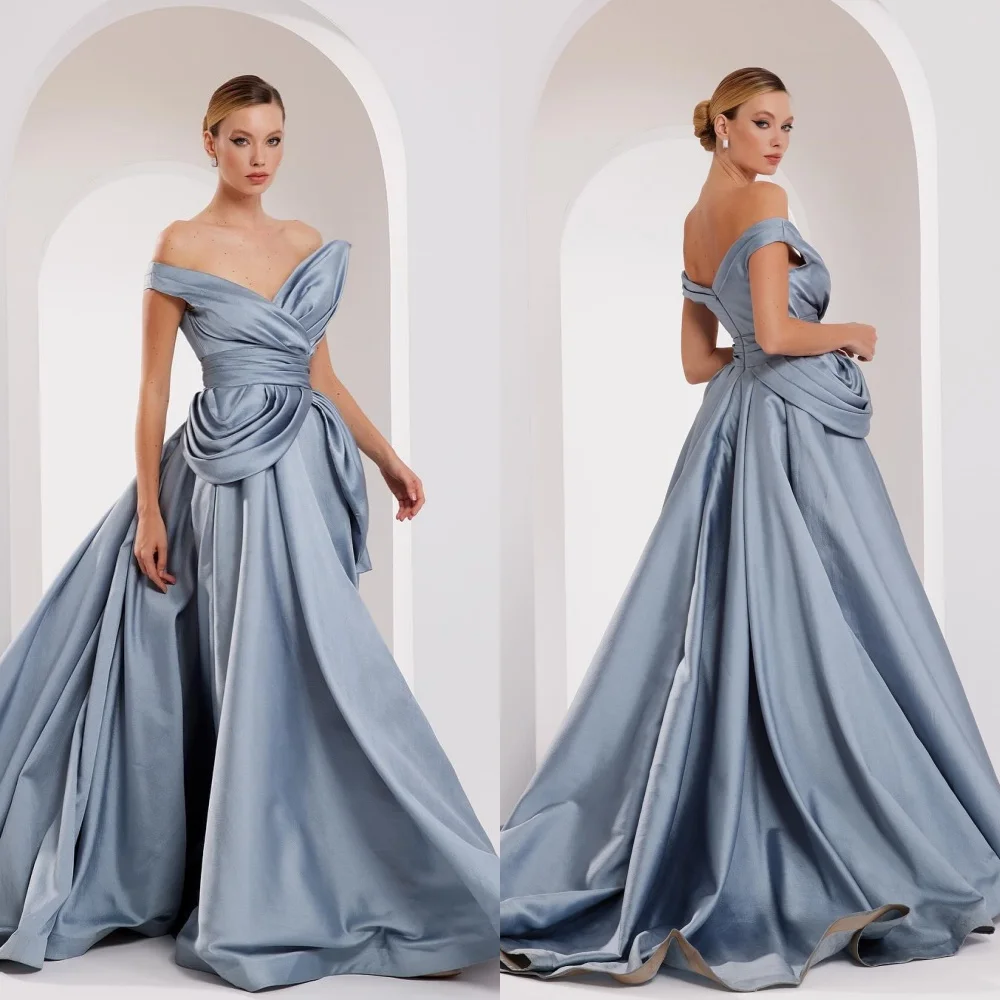 Satin Draped Pleat Ruched Evening A-line Off-the-shoulder Bespoke Occasion Gown Long Dresses