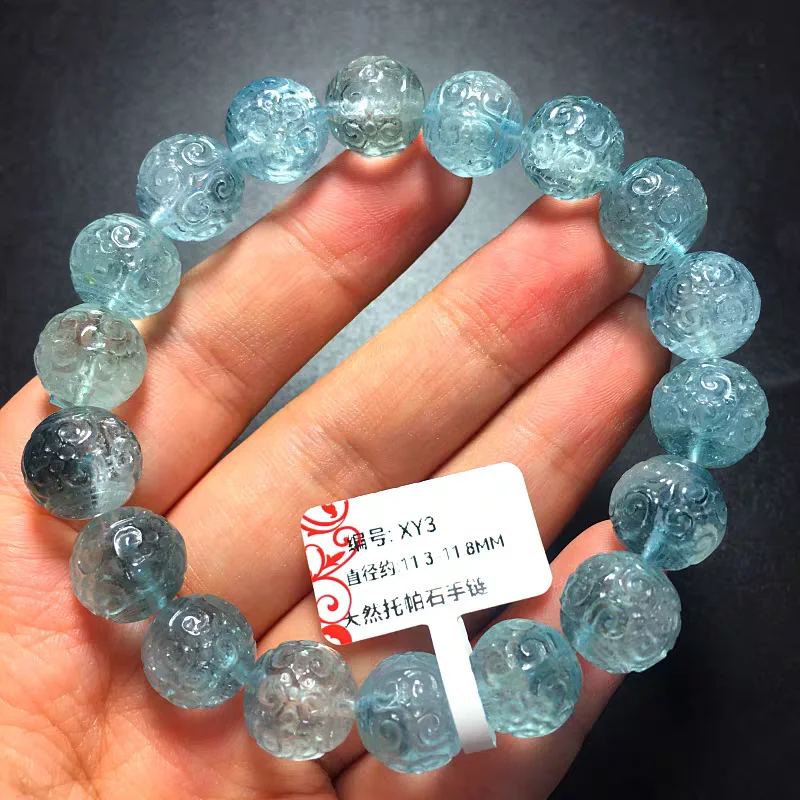 Natural Blue Topaz Beads Carved Beads Bracelet 11.5-12mm Woman Men Crystal Genuine Blue Topaz Stretch AAAAAA