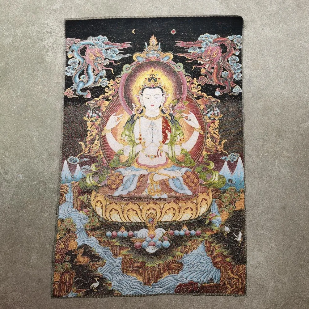 36 inch Tibet Silk embroidery Shadakshari Avalokitesvara Compassion Goddess Tangka Thangka Painting Mural