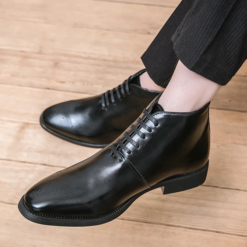 Men Perforated Detail Lace-up Front Dress Boots, Business Office Dress Shoes