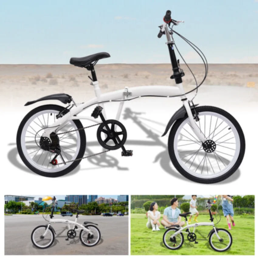 20in Folding Bike 7 Speed Foldable City Bike Carbon Steel Bicycle for Adults Bicycle with Adjustable Seats & Disc Brake White