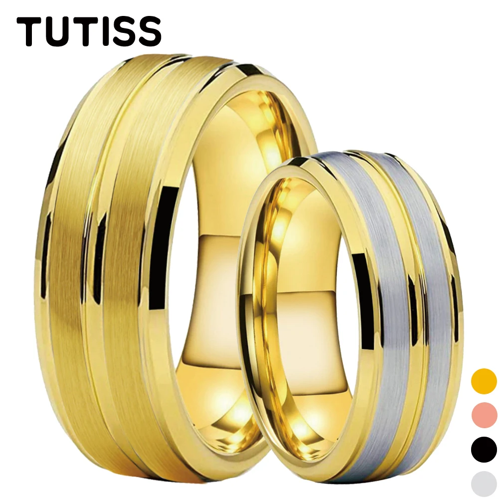 

TUTISS 8mm Golden Tungsten Engagement Wedding Band Ring For Men Women Stepped Beveled Brushed Finish Comfort Fit