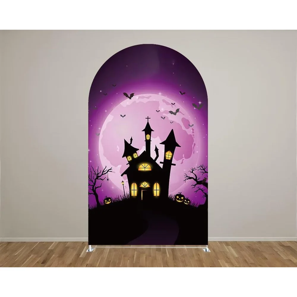 Custom 2-sided Happy Halloween Arch Background Cover Black Spider Web Ghost Castle Gloomy Cemetery Birthday Backdrop Decor
