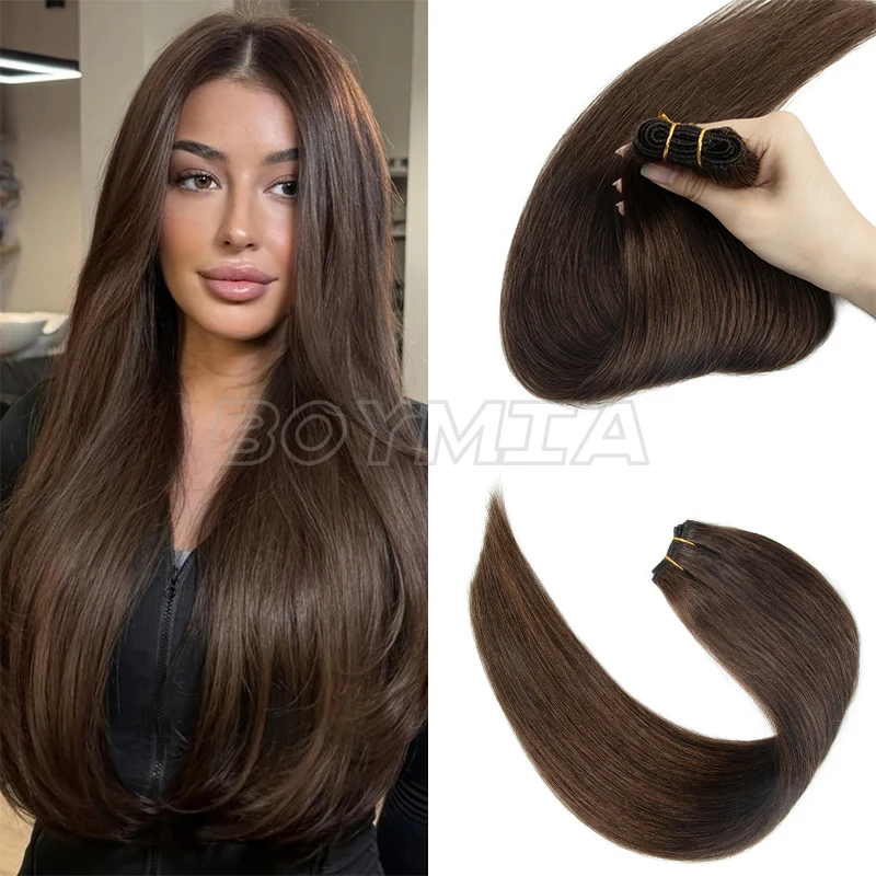 BOYMIA Sew in Hair Extensions Real Human Hair 12-24 Inch 50G Dark Brown Hand Tied Weft Extensions Natural Straight Reusable Use
