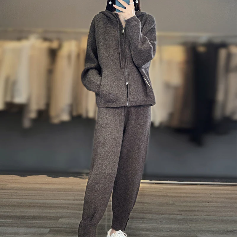 Autumn Winter New 100% Cashmere Knit Two Piece Set Women\'s Large Size Zipper Hooded Cardigan Korean Fashion Small Leg Pants Suit