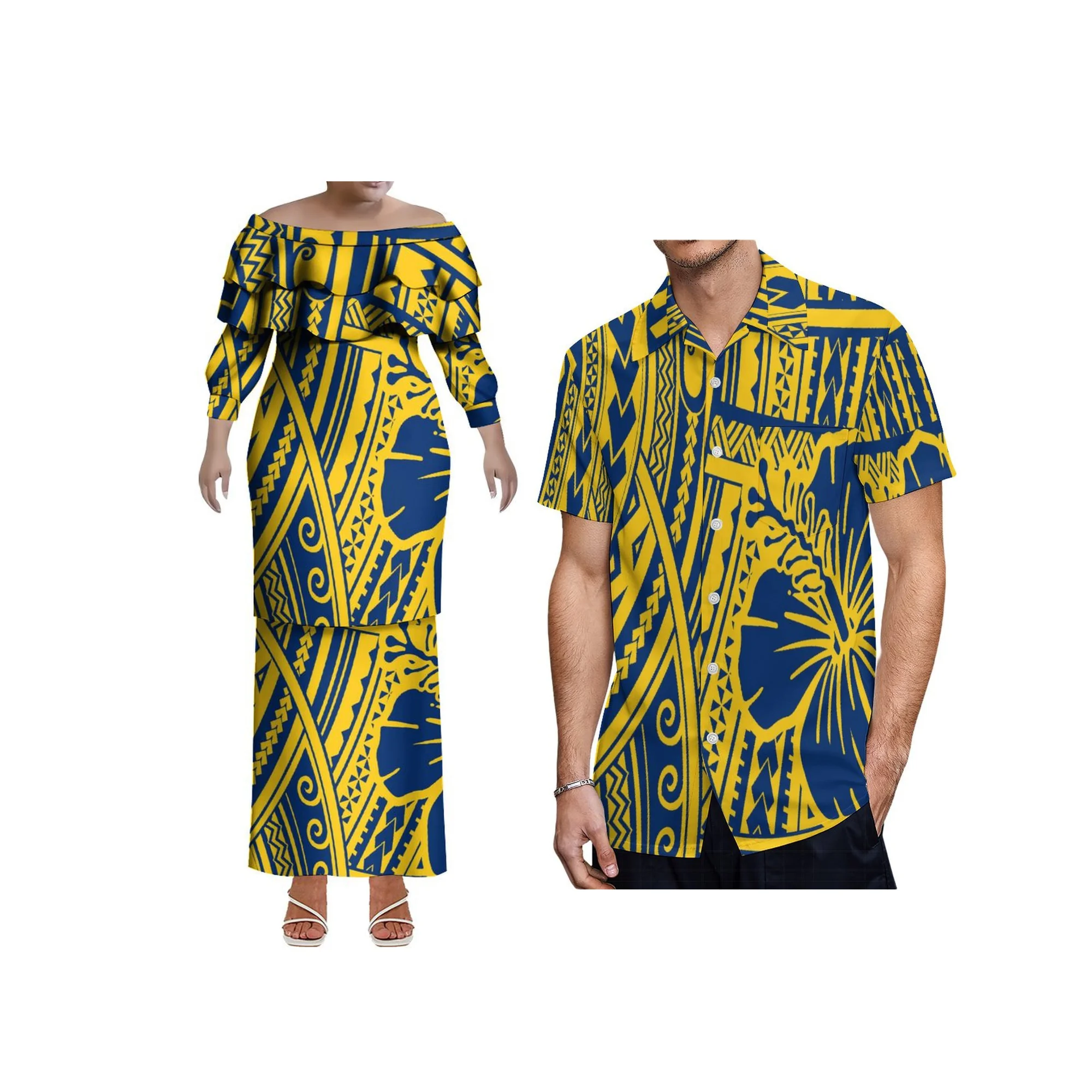 Vestido plissado de camada dupla personalizado, vestido polinésio puletasi, tamanho grande, vestido de um ombro, conjunto de saia, top e saias