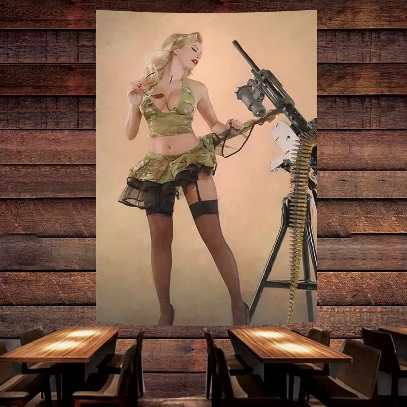 Beauty and the Machine Gun Poster Banner Sexy Pin Up Art Flag Wall Painting Tapestry Bar Cafe Pub Man Cave Wall Decor Sticker