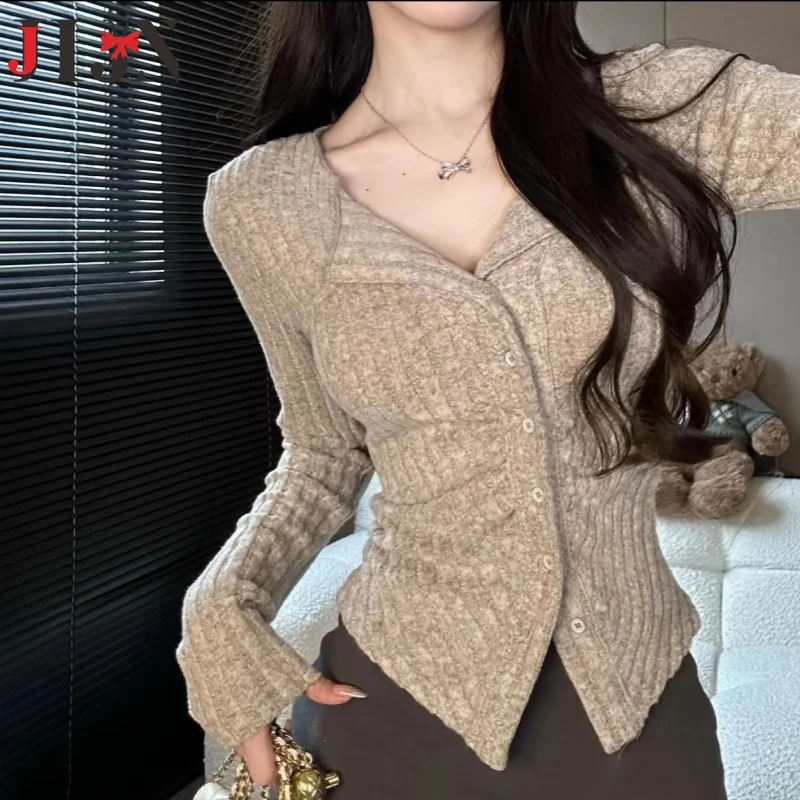 Cardigan en tricot à manches longues pour femmes, manteau mince, revers sexy, monochromatique, court, automne et hiver, nouveau style