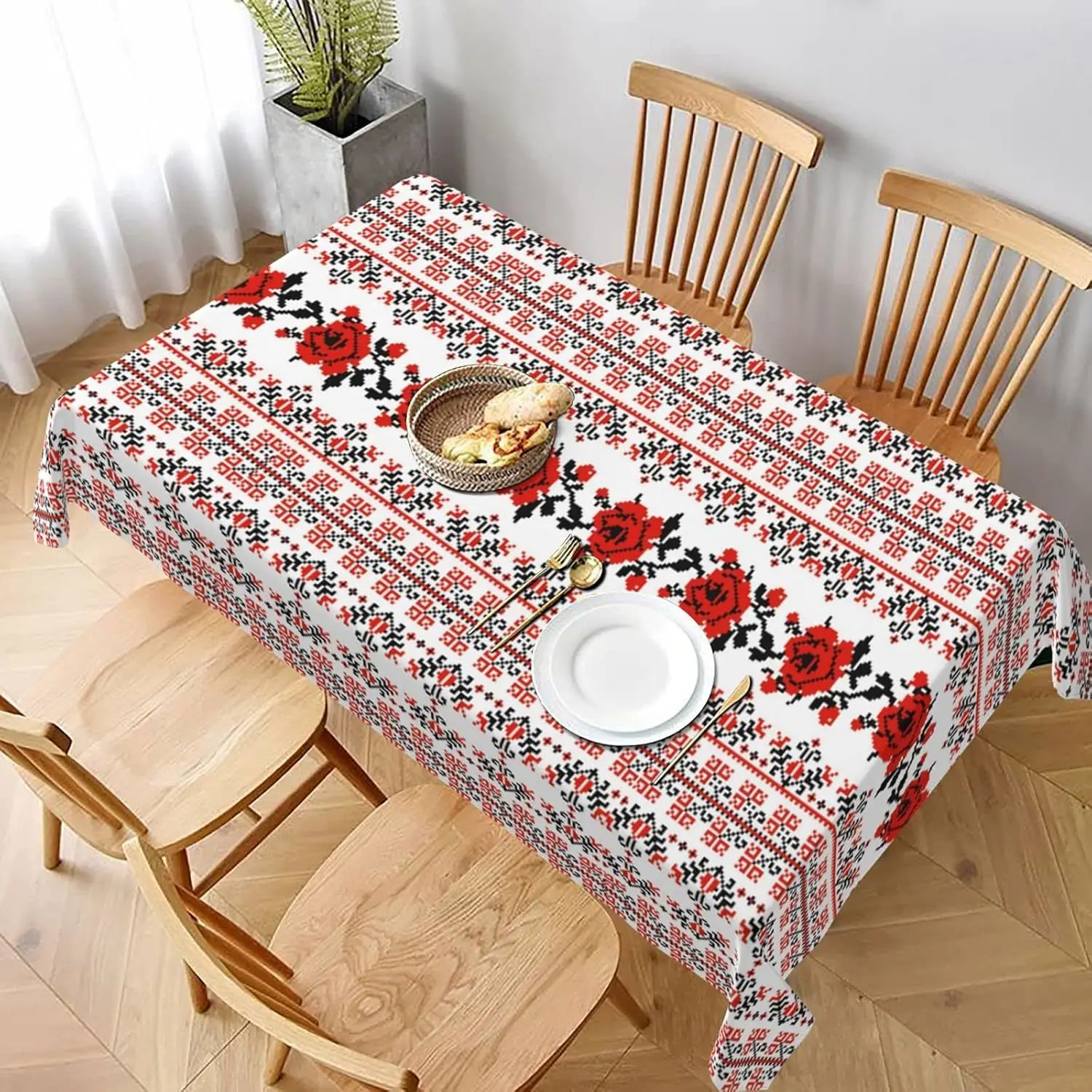 Ukrainian embroidery style rectangular table with rose tablecloth, oil and splash resistant, easy to clean tablecloth