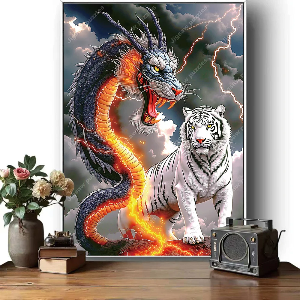 1000/2000/1314/520 قطعة أحجية الصور المقطوعة كبيرة جدًا للبالغين - معركة التنين والنمر الأبيض، الغيوم المظلمة المستوحاة من الآسيوية والضوء