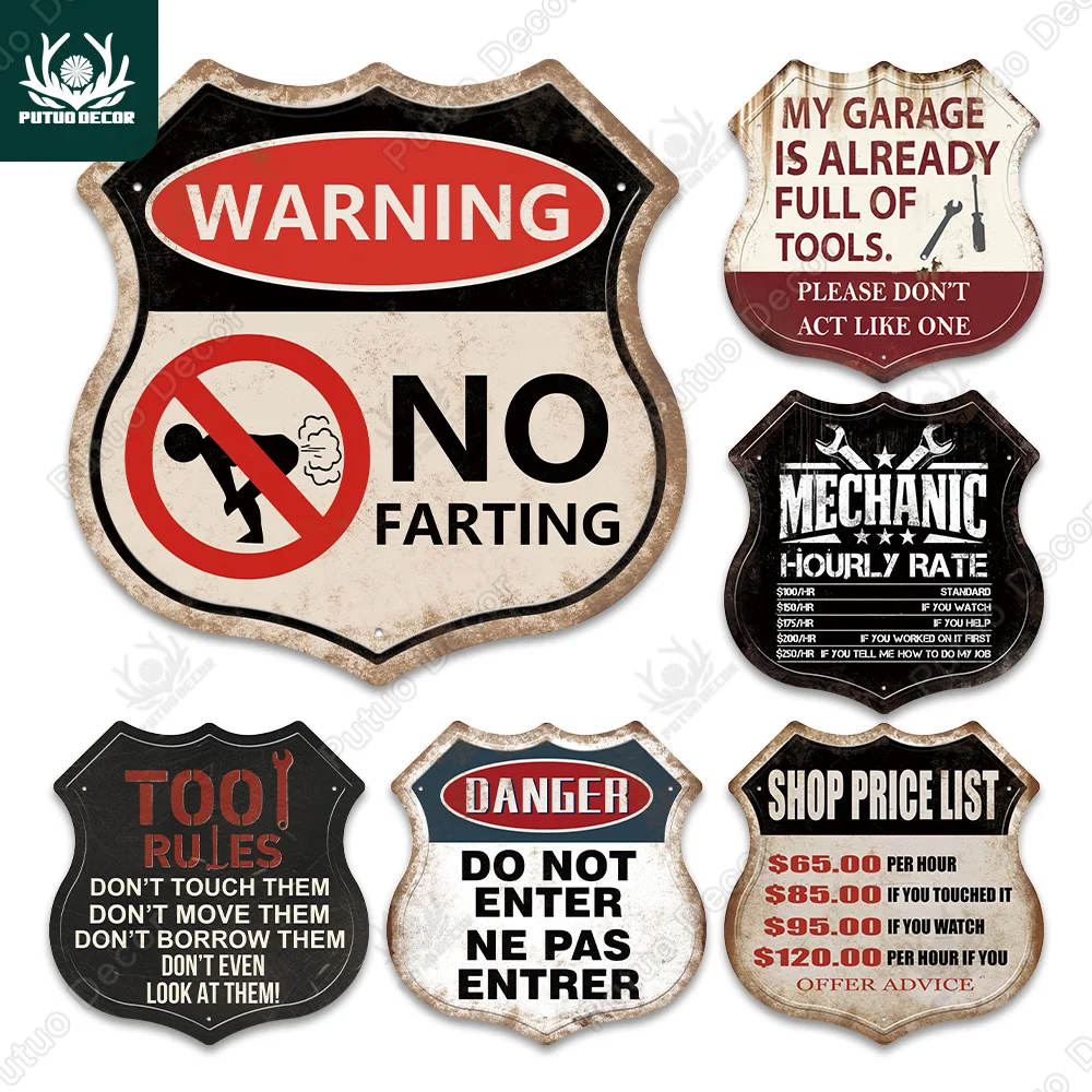 Putuo Decor My Garage Rules Warning Tin Signs Vintage Metal Shield Shaped Plaques for Garage Danger Man Cave Home Wall Art Decor