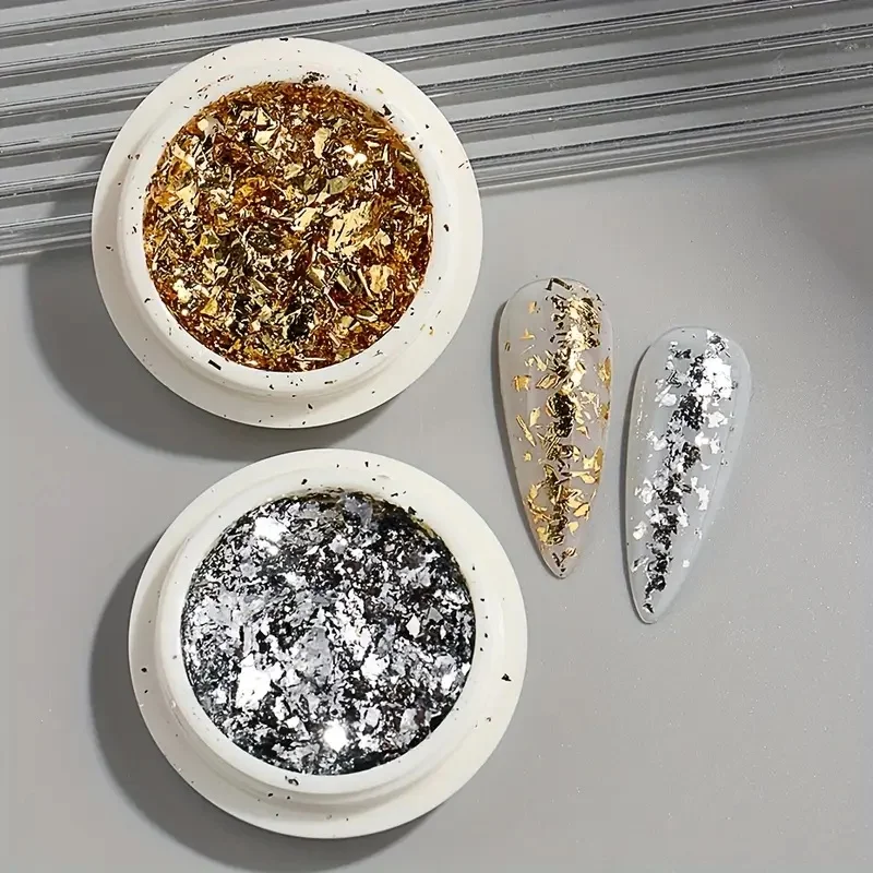Gold Silber Metall Chrom Spiegel Nagelpulver, Laser-Glitzerfolie mit unregelmäßigen Stücken, mehrfarbiger magischer Spiegeleffekt, Oxid Ti