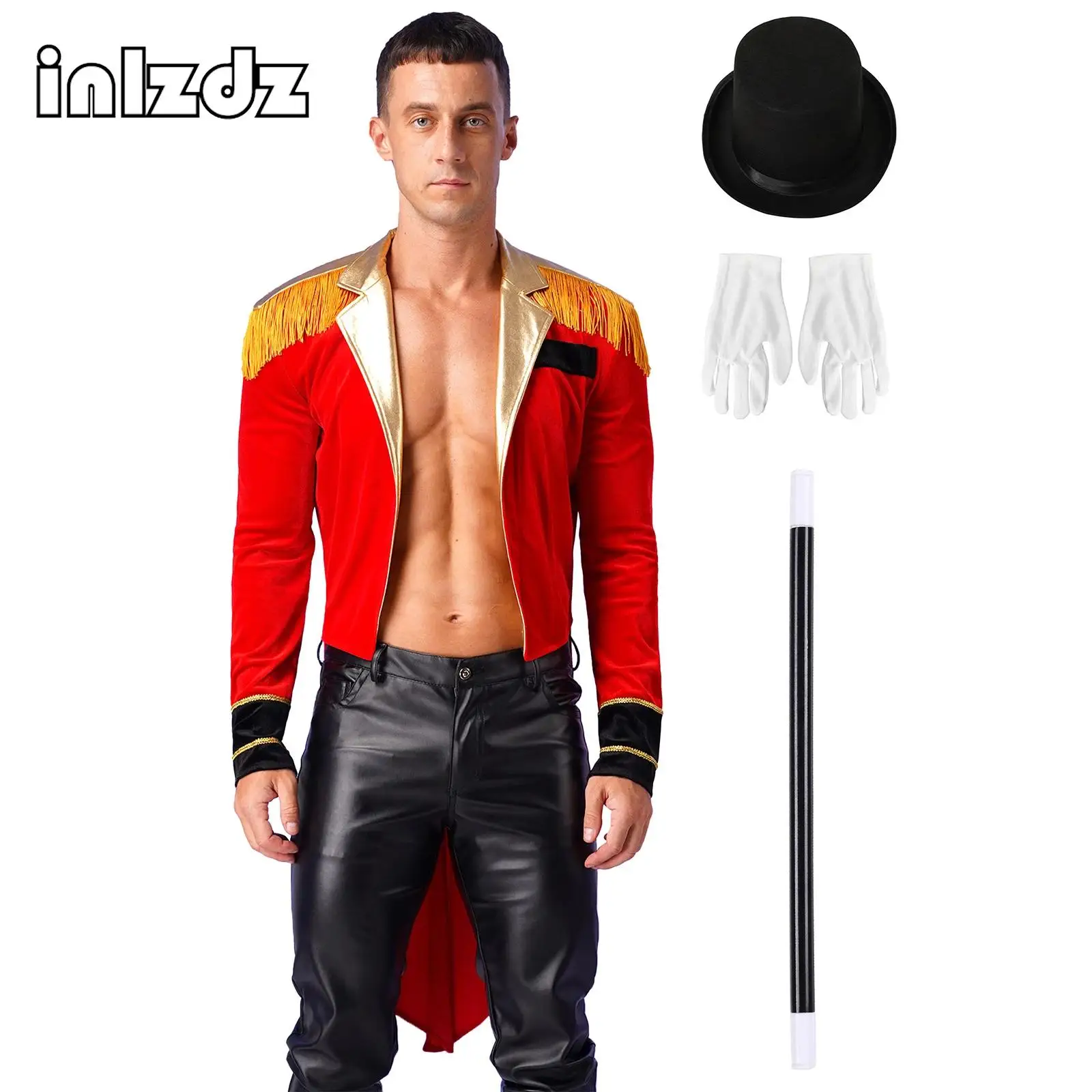 

Mens Circus Ringmaster Costume Outfits Long Sleeve Tassels Tailcoat Jacket with Hat Magic Wand Gloves Halloween Cosplay Dress Up