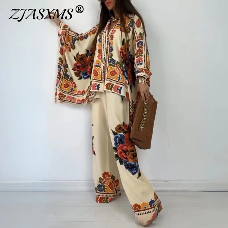 Vintage Graphic Print Flare Sleeve Autumn Set Women Spring V Neck Button Top Wide-leg Pants Outfits Casual Loose Two Piece Suits