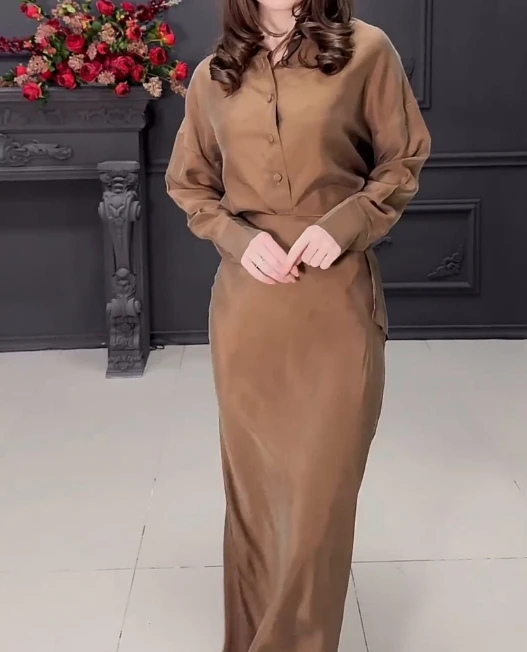Women's Temperament Commuting Two-piece Vintage Solid Button Long Sleeve Shirt Top and High Waist Slim Fit A-line Maxi Skirt Set