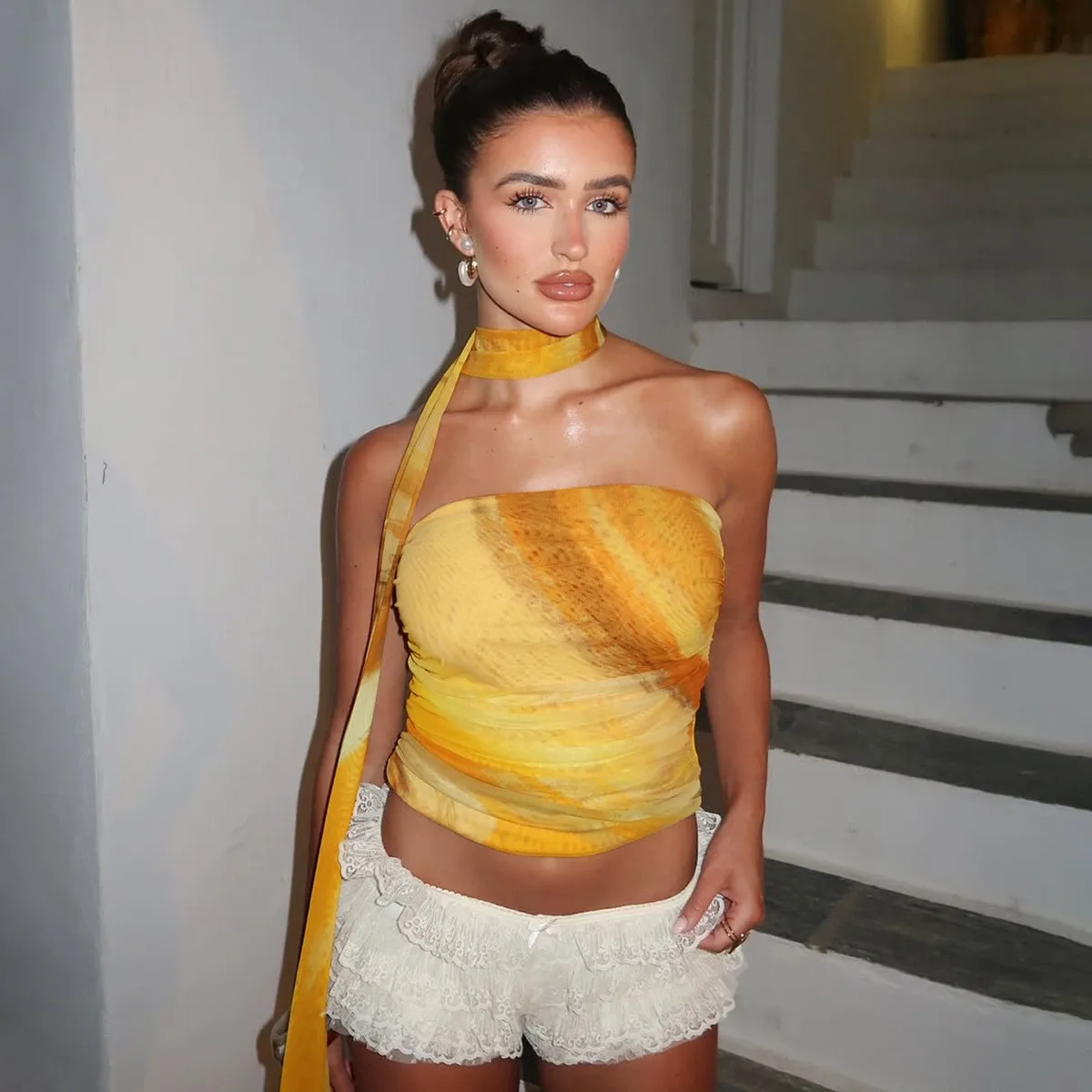 Yellow Orange Print Crop Top Backless Tube Top Ruched Front Halter Neck Bustier Top Sheer Wrap Cropped Top Strapless Pull On