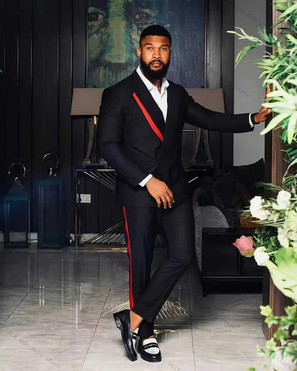 

Black Men Suits Set 2 Pcs Blazer+Pants Trousers Wedding Tuxedos Red Stripe Formal Office Customized Prom Dress Jacket Coat