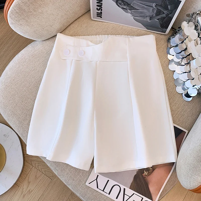 

Basics Vintage Casual Elastic Waist button loose Wide Leg Short Five Quarter Pants Streetwear High Street Plus Size Clothing