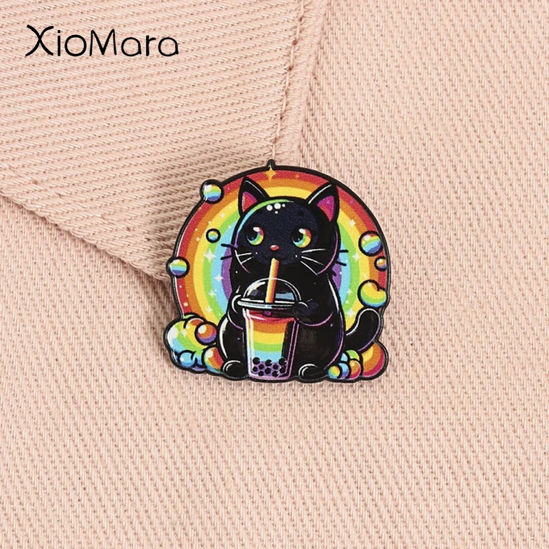 Regenbogen-Katzen-Emaille-Pin, Buchstaben-Brosche, Reversnadel, schwarzer Bubble-Tea-Pin, süßer Cartoon-Rucksack-Schmuck, Geschenk für Mädchen