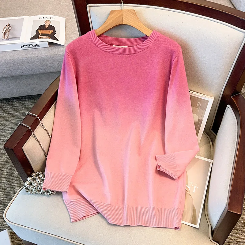 170 kg Plus Size Damski biust 160 Wiosna Jesień Zima Luźny okrągły dekolt Sweter gradientowy Dzianina Czerwony 5XL 6XL 7XL 8XL 9X