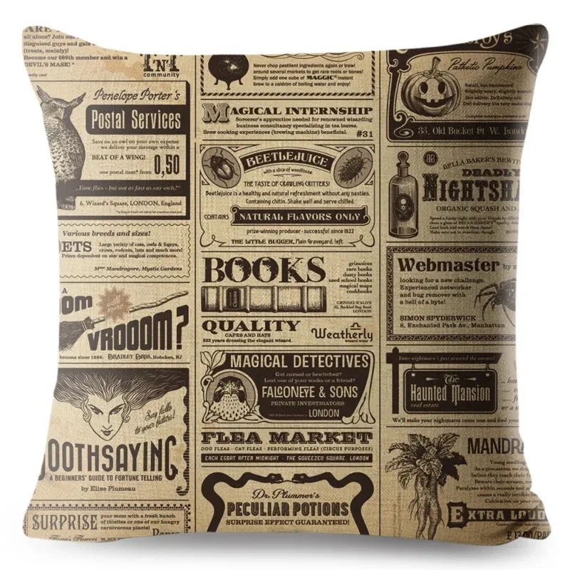 Vintage Style Pillow Case Decor Old English Newspaper Printed Cushion Cover Polyester Pillowcase for Sofa Home Car 45*45cm
