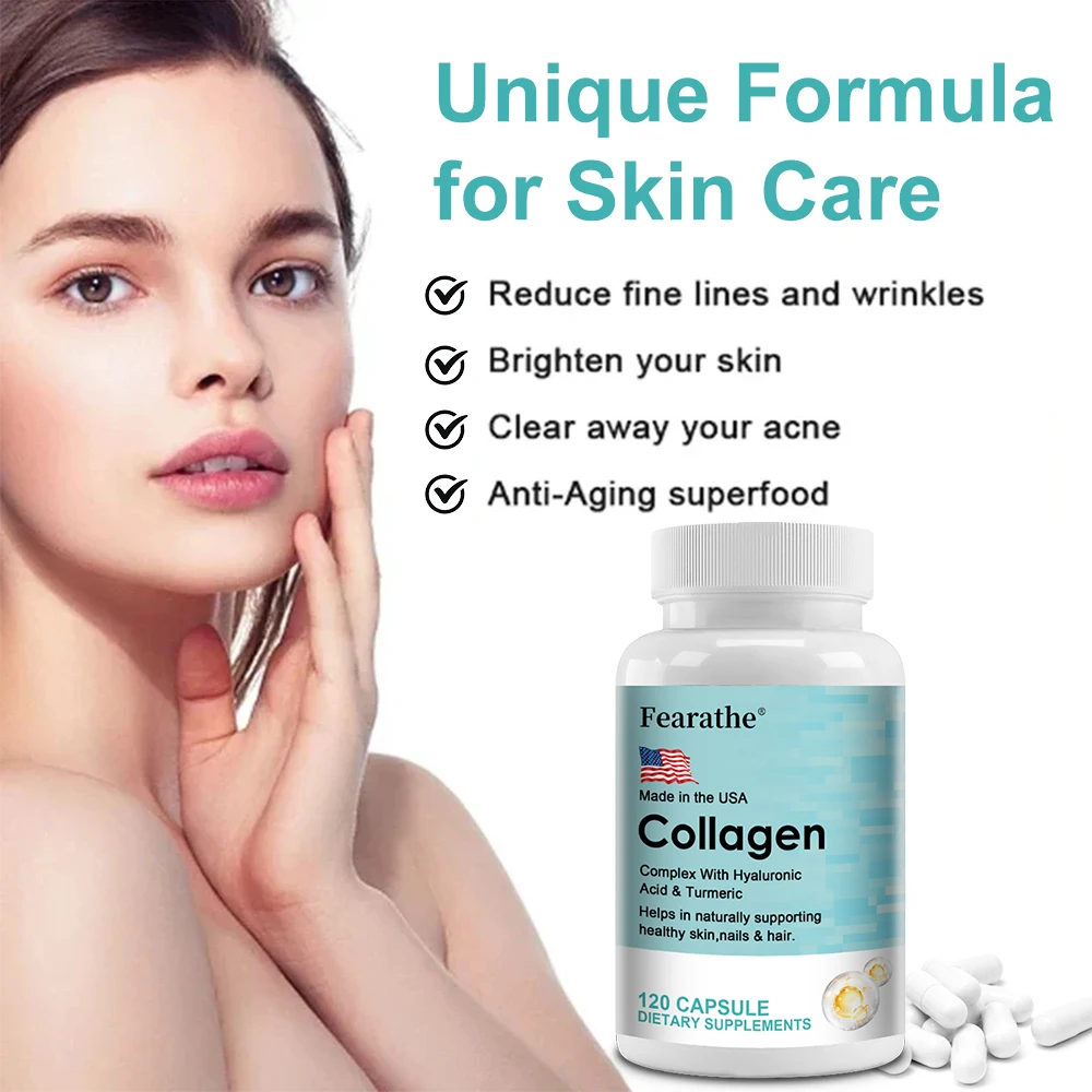 Marine Collagen Type 1 - Hyaluronic Acid Turmeric Vitamins C, E, Biotin Supports Healthy Skin Nails Hair Collagen Supplement