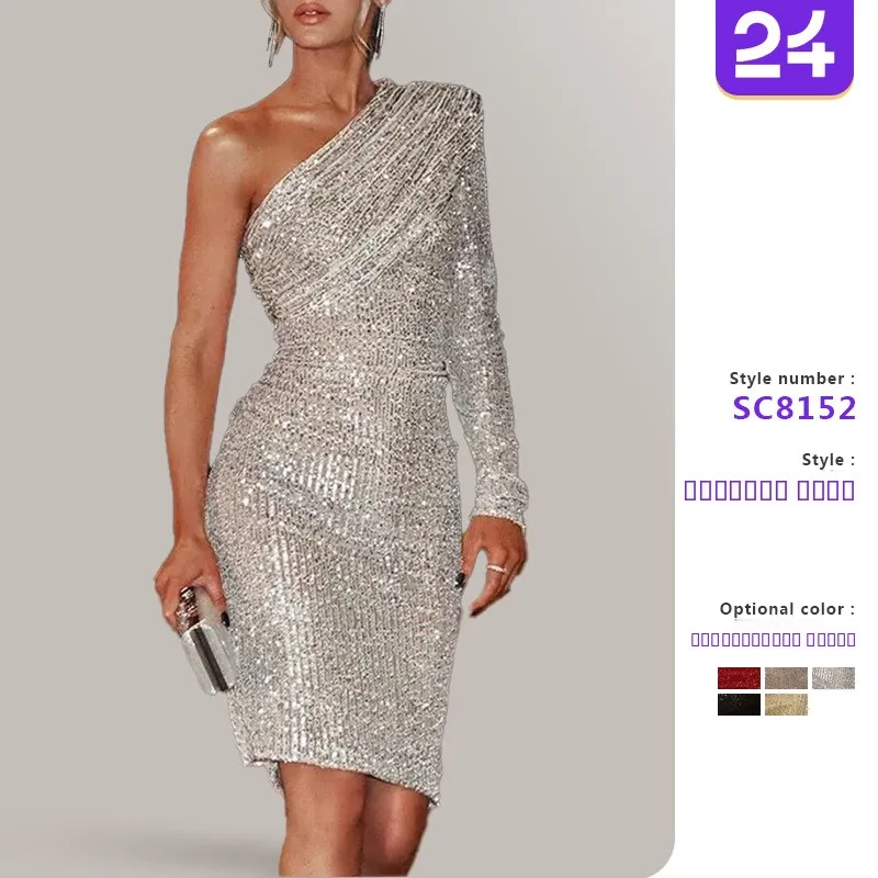 Cross-Border oulder Evening Dr Sexy Wrap Chest Gown Sparkling Sequins Club Faionable Long Sve Evening Gown