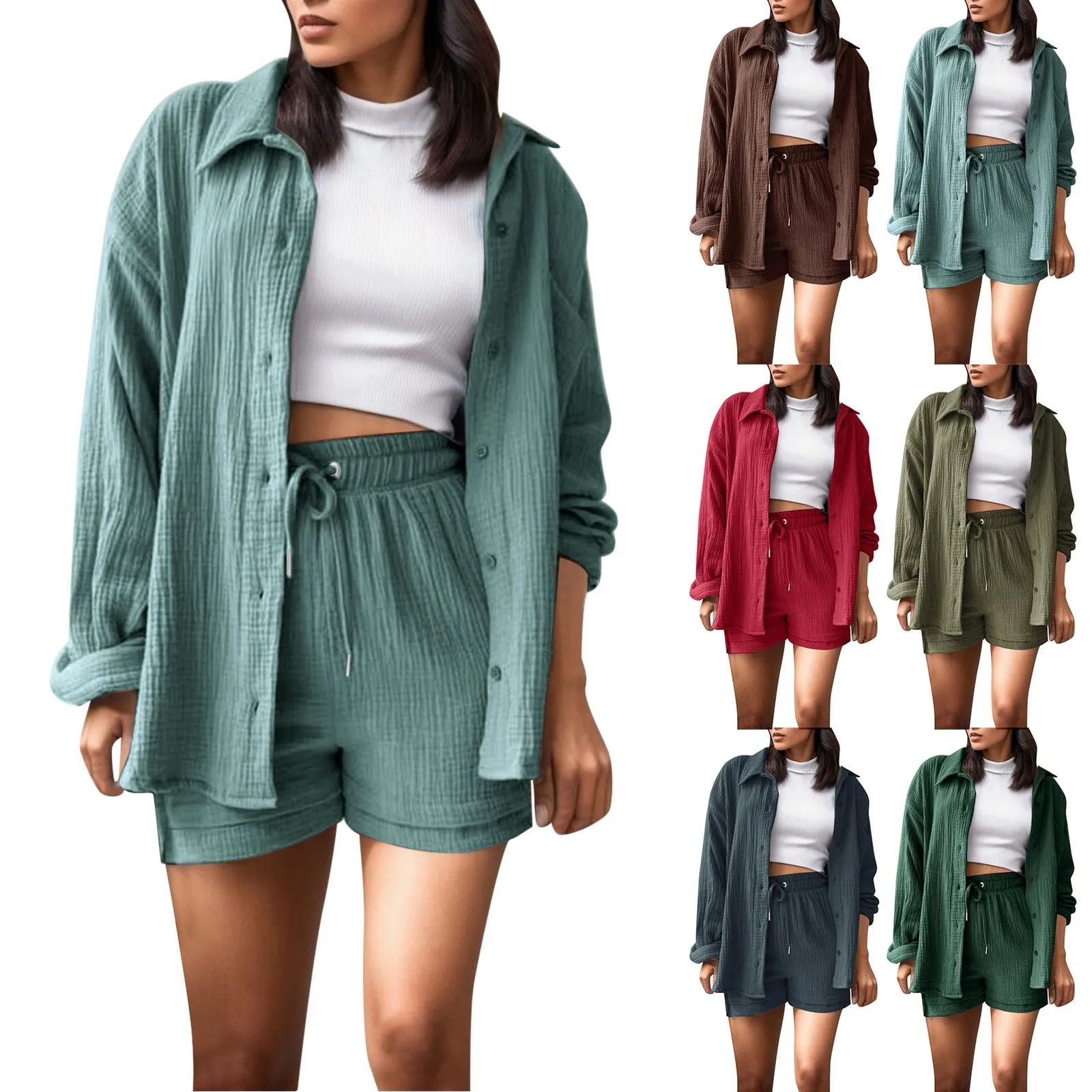 Solid Fashion Womens Shorts Set Long Sleeve Shirt Suit Shorts Two Piece Basic Shirt Top And Shorts Cute Swim Shorts For Women